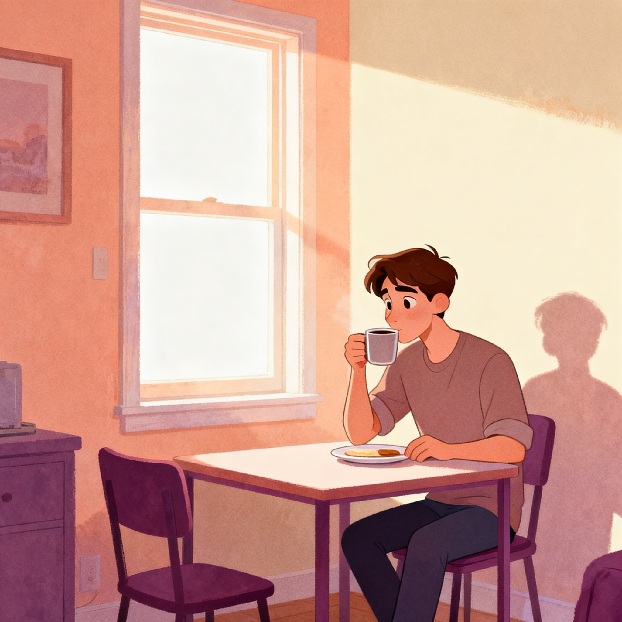 A young man having breakfast in his first apartment