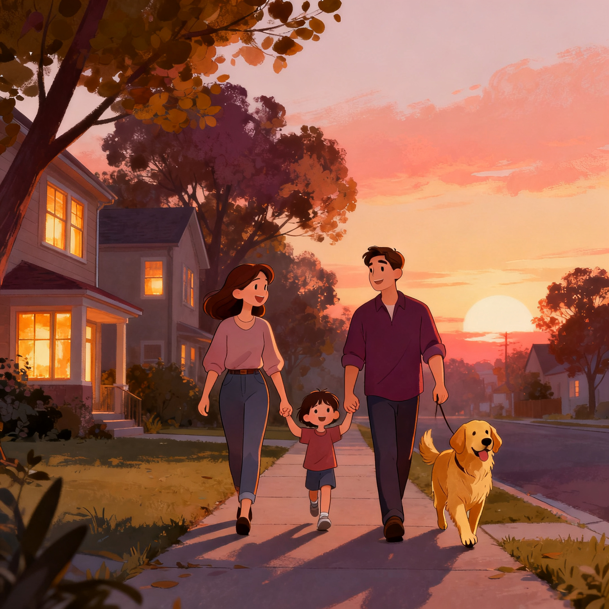 A happy family on their front porch at golden hour