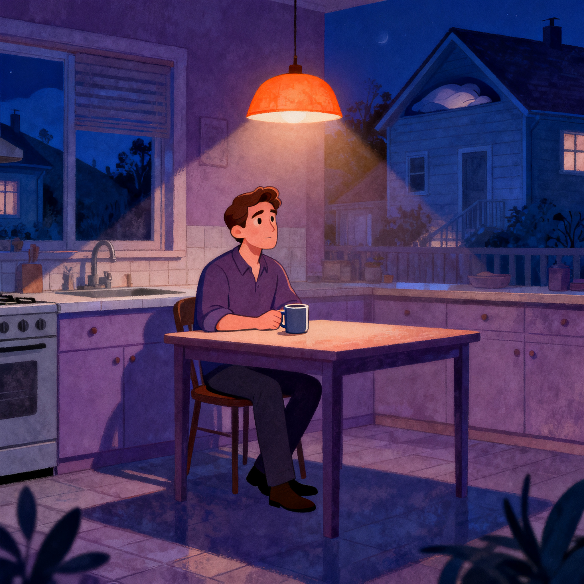 A father at the kitchen table late at night