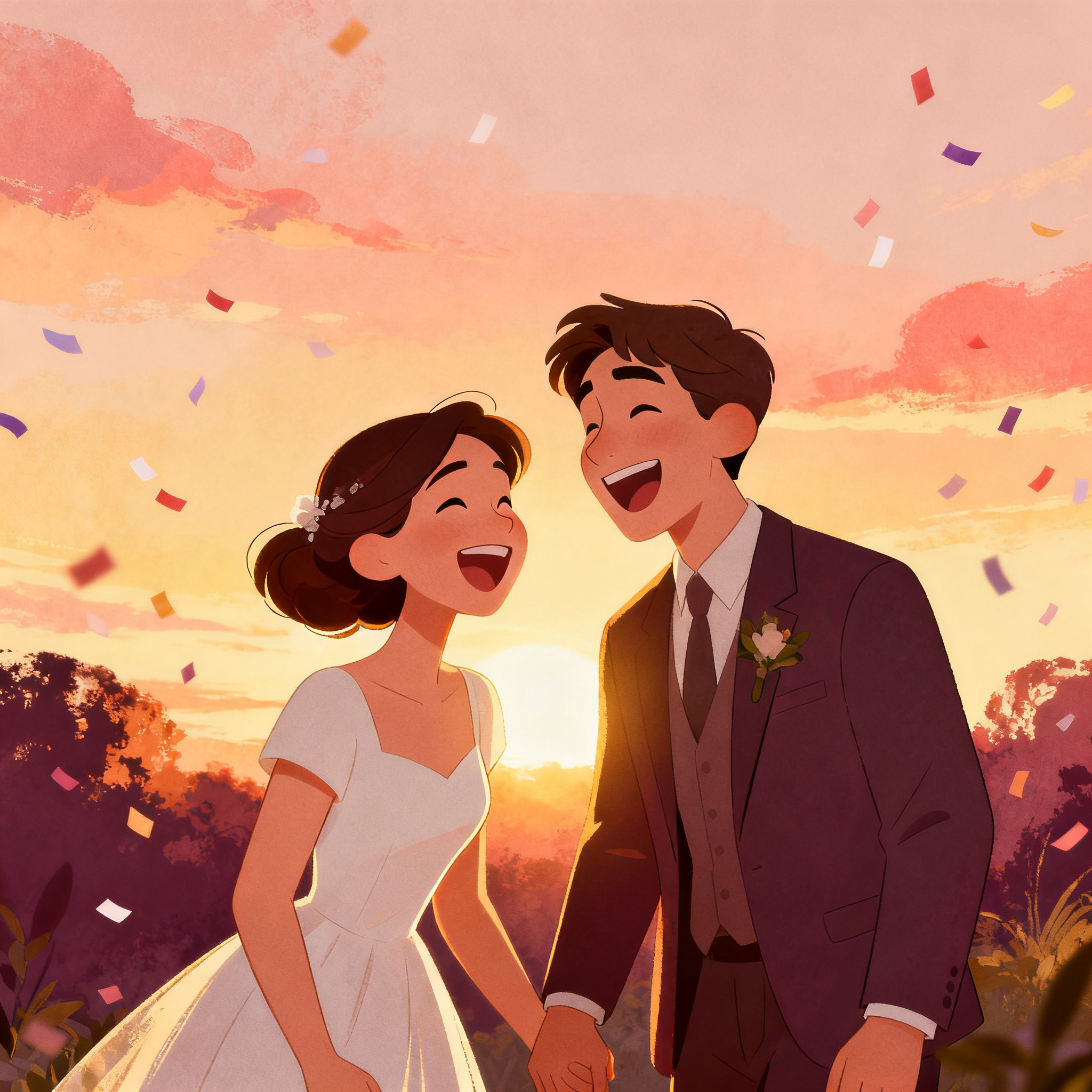A couple laughing together on their wedding day